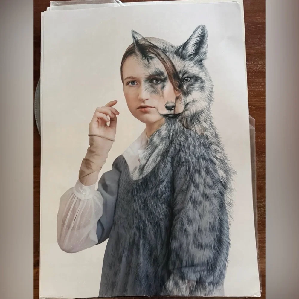 Rare Unique Modern Art Prints - Set of 3 - Women and Man - Fox - Bird - Bear - Picture 2 of 9